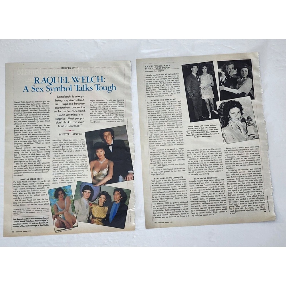 Raquel Welch A Sex Symbol Talks Tough 2 page clipping article & photos 1985